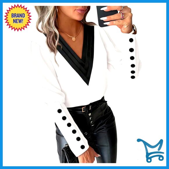 Long Sleeve V Neck Work Blouse Button Detail Office Business Dressy